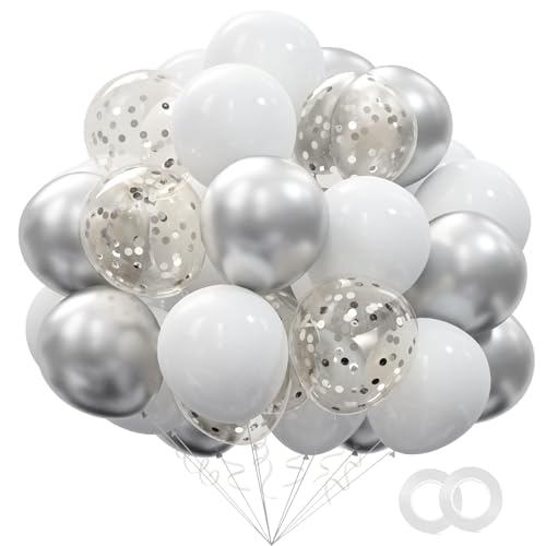 62pcs Party Decorations Balloons Kit - 12 Inches Silver White Confetti Party Balloons for Graduation Birthday Wedding Party Baby Shower Decoration Supplies - color: Silver White