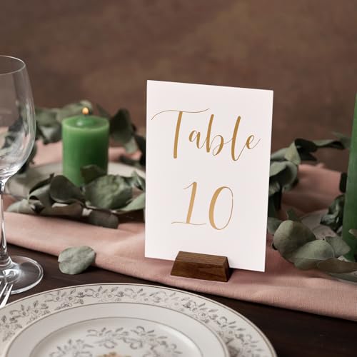 UNIQOOO 12 Pack Trapezoid Walnut Wood Stand |1.2mm Slot for Cardstock, Wedding Table Numbers Holders, Photo Holder, Photo Display Stand for Event Decor, Retail Shop, Cafe Restaurant Menu, Business Card, Name Tag - color: 1.9" Trapezoid Walnut