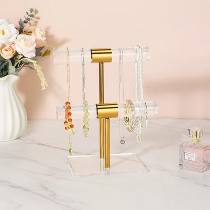 Necklace Holder Bracelet Holder, 2-Tier Acrylic Jewelry Display Stand Gold Jewelry Tower Stand Crystal T Bar Jewelry Organizer Gift for Women(2-Tier 1pc) - style: 2-Tier 1pc