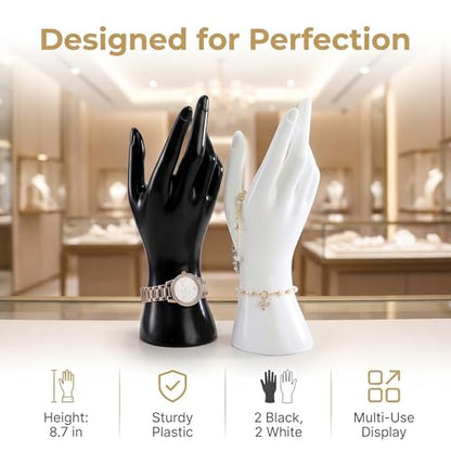 Okllen 4 Pack Female Mannequin Hand, Hand Ring Display Stand Jewelry Organizer Bracelet Bangle Necklace Holder for Hand Chain, Finger Ring, Glove, White & Black, Right Hands