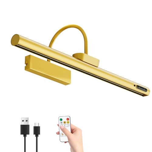 Bridika Picture Light Battery Operated, 19.7in Picture Lights for Wall, 3 Colors & Brightness Dimmable, Rechargeable Art Light for Paintings Photo Dartboard Gallery Bedroom Bathroom Gold - color: Gold, size: 19.7in