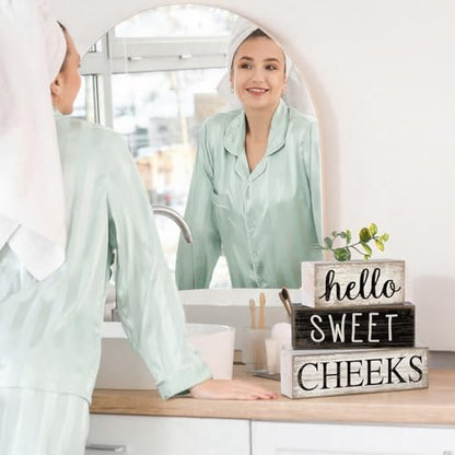 Moucuny 4 Pcs Bathroom Shelf Decor Hello Sweet Cheeks Sign Farmhouse Bathroom Decor and Accessories Rustic Eucalyptus Leaves Wood Block Sign Gift Sweet Home Table Centerpiece for Home Office - style: Eucalyptus Leaves