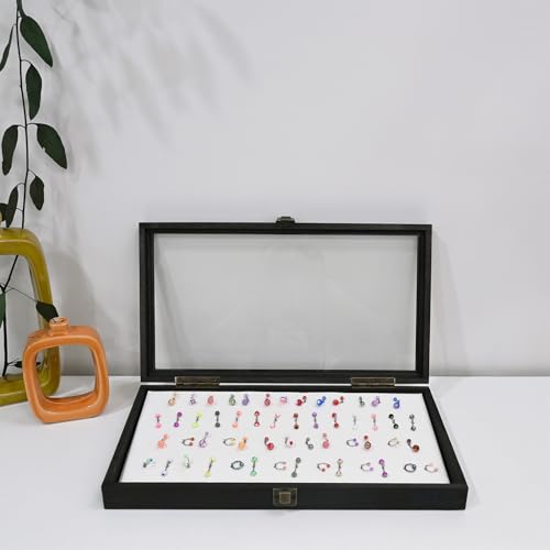 MOOCA Temper Glass Top Jewelry Display Case with Tempered Glass Lid and 54 Clip Body Jewelry Display Pad for Belly Button Rings, Tongue Rings, and Industrial Barbell Organizer, Black Tray-White Pad - color: White Pad with Black Wood Case