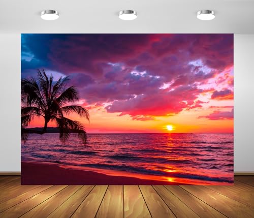 BELECO 9x6ft Fabric Sunset Beach Backdrop Tropical Seaside Coconut Palm Trees Background Backdrop Summer Beach Sunset Hawaii Luau Party Decorations Birthday Photoshoot Studio Photo Props - size: 9x6FT