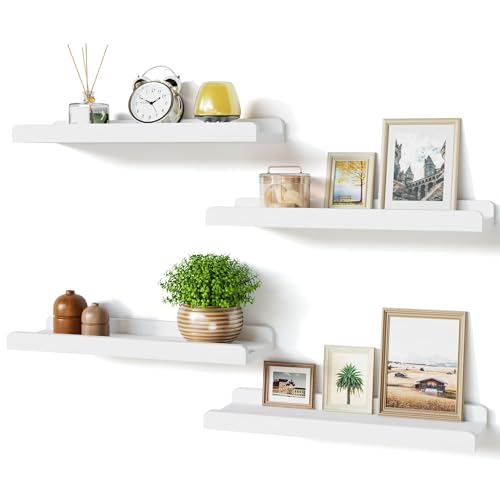 Love-KANKEI White Floating Shelves for Wall Set of 4, Wood Wall Shelves with Lip,15.6 Inch Rustic Hanging Shelves for Bedroom Bathroom Living Room Kitchen Nursery Display - color: White, size: 15.6 inch