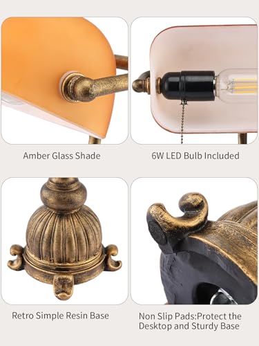 Retro Amber Glass Bankers Desk Lamp with Pull Chain Switch for Home Office, Library, Plug in Fixture, LED Bulb Included - color: Antique+Amber1