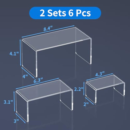 NIUBEE Acrylic Display Risers Stand 2 Sets,3 Steps Clear Riser Shelf Showcase for Amiibo Funko POP Figures -8.4"x6.3"x4.3" - size: (8,6,4)" x2Set