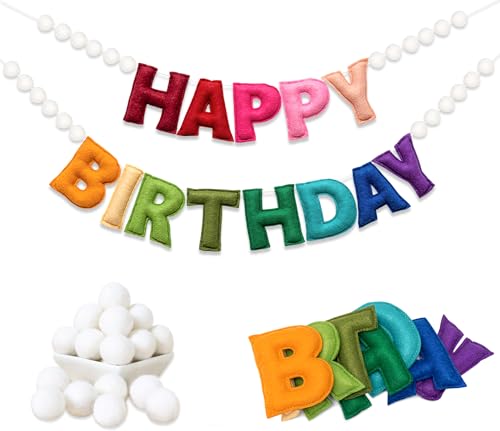 2Pcs Upgraded Pre-Strung Ultra-Soft Wool Felt Happy Birthday Banner Sign, Felt Ball Garland, Rainbow Theme Party Decorations, Reusable Colorful Birthday Garland for Party Decor, Room Decor, Photo Prop - color: Upgraded Rainbow Birthday Banner with White B