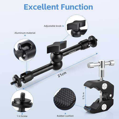 UTEBIT 9 inch Magic Arm with Super Clamp, 360° Ball Heads with 1/4" & 3/8" Threads Screws Articulating Magic Arm Camera Mount for Monitor, Flash, LED Light, Microphone, Camera Cage, Action Camera - size: 9inch
