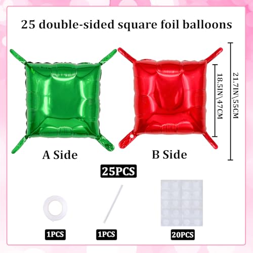 square aluminum foil Balloon Wall Backdrop, 25 pieces Red and Green double-sided Balloon Arch Kit, suitable for theme parties, weddings, anniversaries and other celebration decorations - color: Red .Green