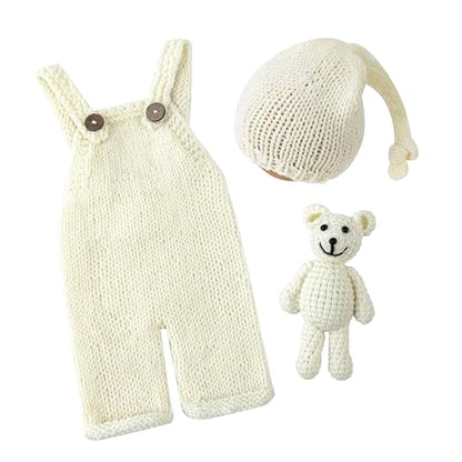 Newborn Photoshoot Outfits Crochet Bear Hat & Romper Set for Baby Boys Girls - Handmade Photo Props Outfits - color: Ivory
