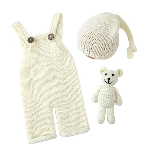Newborn Photoshoot Outfits Crochet Bear Hat & Romper Set for Baby Boys Girls - Handmade Photo Props Outfits - color: Ivory