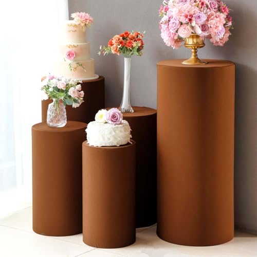 Efavormart Set of 5 | Cinnamon Brown Spandex Cylinder Plinth Display Box Stand Covers, Stretchable Pedestal Pillar Prop Covers - 160 GSM - color: Brown, size: Spandex Cylinder Covers