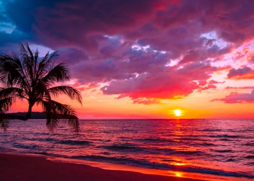 BELECO 12x8ft Fabric Sunset Beach Backdrop Tropical Seaside Coconut Palm Trees Background Backdrop Summer Beach Sunset Hawaii Luau Party Decorations Birthday Photoshoot Studio Photo Props - size: 12x8FT