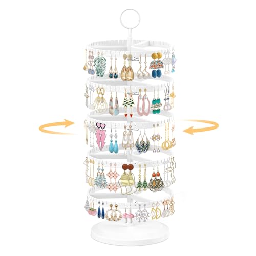 EsLuker.ly Earring Holder Organizer Rotating Stud Display Tree Rack with 285 U-Slots for Women Girls, Large Adjustable 5 Tier Plastic Storage Stand with Metal Tray for Pierced Hoop Post Earring, White - color: Solid White