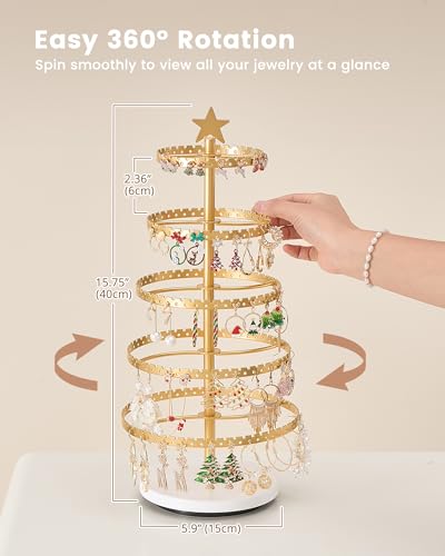 Lolalet 5-Tier Rotating Earring Holder Organizer, Metal Earring Display Stand Large Tree-shaped Rack for Studs Hoops Dangling Earrings, Gift for Women and Girls -Gold - color: Gold
