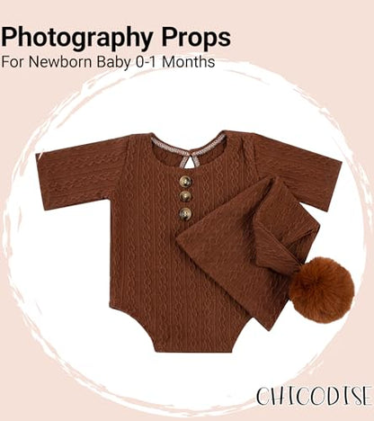 Newborn Photography Props, Infant Photoshoot Outfit Romper & Pom Pom Hat for Baby Boys Girls - color: Coffee