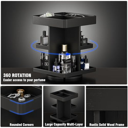 3-Tier Rotating Cologne Organizer for Men, Large-Capacity Wooden Perfume Display Stand for Desk & Nightstand, Rounded Corner Design, Birthday Gift for Men (Black)