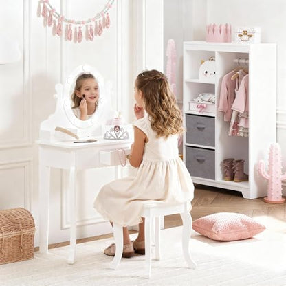 Spirich Kids Vanity, Girls Vanity Set with Mirror and Stool and Lights, Kids Vanity Table and Chair Set,Wooden Princess Makeup Desk Dressing Table - size: Round Shape With Led Blubs