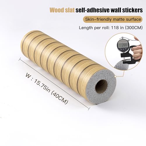 Peel and Stick PVC Slat Wall Panels, Wood Grain Self-Adhesive Soundproof Moisture-Resistant Paneling, 3D Faux Wood Panels for Bedroom Bathroom Walls & Ceilings 118"x15.75"(Light tan,13Sq.ft) - color: Light Tan