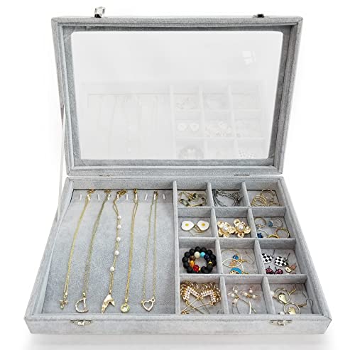Ice Velvet Jewelry Box Display Case with a Clear Glass Window,10 Hooks Necklace Organizer Box and 12 Grids for Earrings Rings Storage Grey - color: 12 Grids & 10 Necklace Hooks