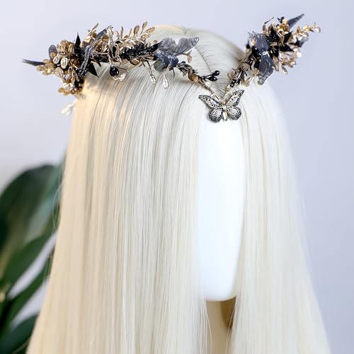 MOSTORY Handmade Fairy Butterfly Crown - Elf Flower Hadpiece Elven Headband for Women s Spring Wedding Maternity Shoot - color: Black-gold