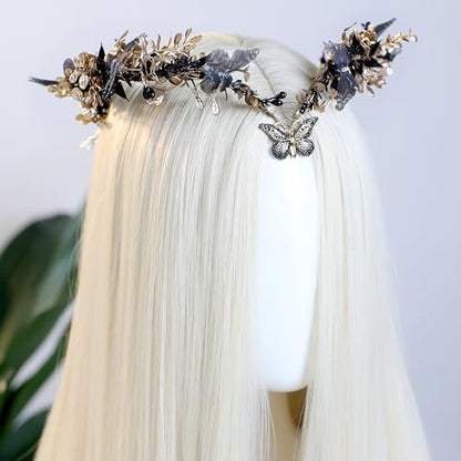 MOSTORY Handmade Fairy Butterfly Crown - Elf Flower Hadpiece Elven Headband for Women s Spring Wedding Maternity Shoot - color: Black-gold