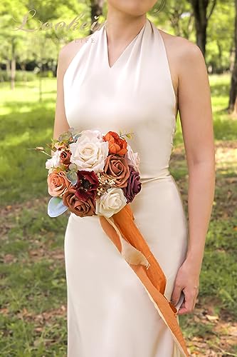 Lookein Set of 4 Bridesmaid Bouquet for Wedding 7 Inch Artificial Flowers Bouquet Wedding Bouquet Bridal Bouquet Tossing Bouquet for Wedding Ceremony Anniversary Bridal Shower, Chic Terracotta - color: 7" Chic Terracotta