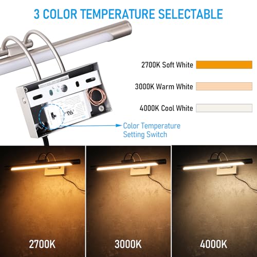 LEONLITE 3CCT Dimmable LED Picture Light, 2700K/3000K/4000K Selectable, CRI90 Swivel Full Metal Picture Frame Light for Wall Art, Painting, Artwork, Portrait, Plug-in & Hardwired, Satin Nickel - color: Satin Nickel-CCT