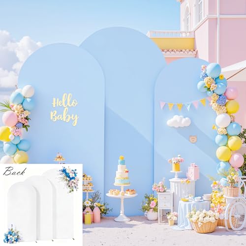 Set of 3 Arch Backdrop Covers(6ft, 5ft, 4ft) - Premium Stretchy Spandex Backdrop Arch Stand Cover for Baby Shower,Wedding,Party Decor Chiara Cover with Double-Sided Design(Blue, White) - color: White+Light Blue, size: 6FT,5FT,4FT