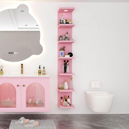 LitaEther Versatile 7 Tier Wall Shelf Unit,Pink Lack Wall Shelf,Display Floating Shelf with LED Remote Control Light - color: Pink, size: 7 Tier