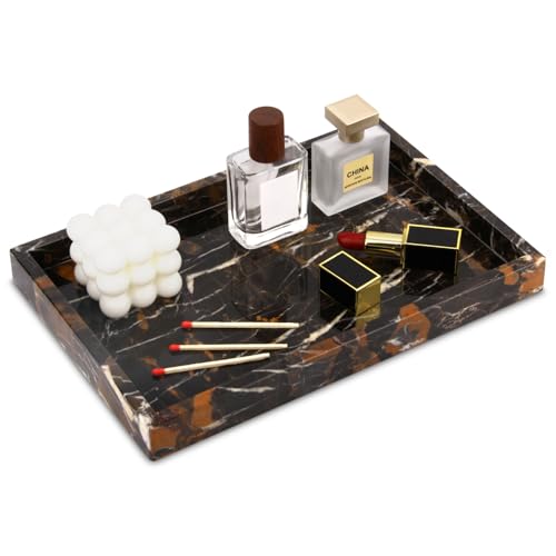 Marble Bathroom Vanity Tray, Natural Luxury Vanity Home Kitchen Bathroom Table Tray, Stone Decorative Countertop Dresser Trays for Key Coffee Perfume Jewelry Makeup (Black Gold, 12"x 8" x1.2") - color: Black Gold, size: 12" x 8" x 1.2"