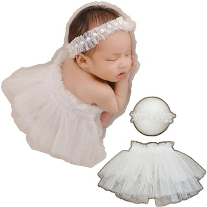 Newborn Baby Photography Props Outfits Girl Lace-Tulle Skirt Baby Girls Photo Prop Headdress for Newborn Girl Photoshoot - color: White
