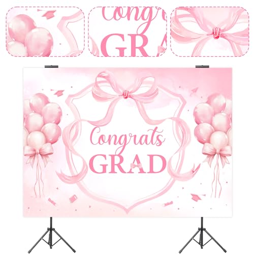 Pink Bow Graduation Party Decorations Backdrop Banner 7 x 5 ft Congrats Grad Background Photo Booth Prop Vinyl Pre-Punched Hole for Girl Class of 2026 Congrats Grad Congratulations Party - size: 7*5ft