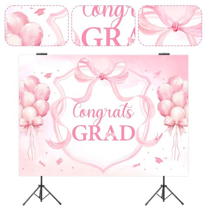 Pink Bow Graduation Party Decorations Backdrop Banner 7 x 5 ft Congrats Grad Background Photo Booth Prop Vinyl Pre-Punched Hole for Girl Class of 2026 Congrats Grad Congratulations Party - size: 7*5ft