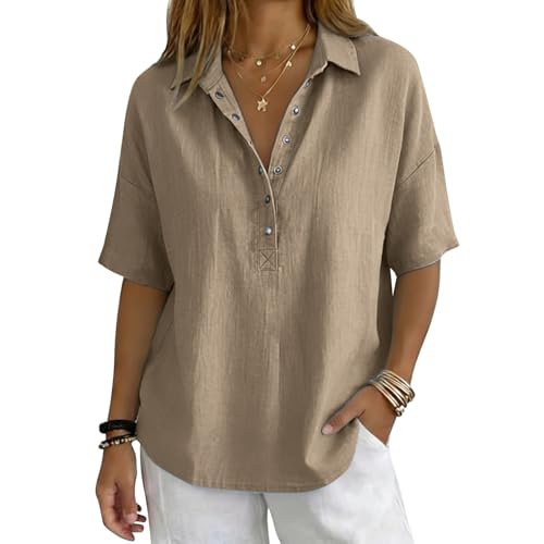 Cotton Linen Shirts for Women 2026 Summer Gauze Shirts Button Down V Neck Half Sleeve Blouses Dressy Casual Clothes - color: Coffee, size: Medium