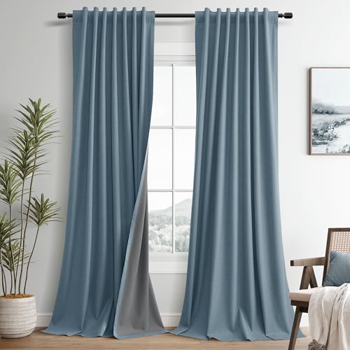 Guken Blue Linen 100% Blackout Curtains for Bedroom 84 Inches Long 2 Panels Set Back Tab Hook Belt Drapes Black Out Light Blocking Thermal Insulated Privacy Living Room Nursery Modern Farmhouse 52x84 - color: Blue, size: 52"W x 84"L (Pack of 2)