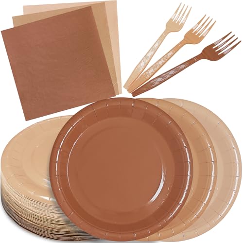 Serves 35 Guests Gradient Brown Plates and Napkins Party Supplies,7" Gradient Brown Birthday Dessert Paper Plates and Napkins,Disposable Party Dinnerware for Wedding,Graduation - color: Gradient Brown