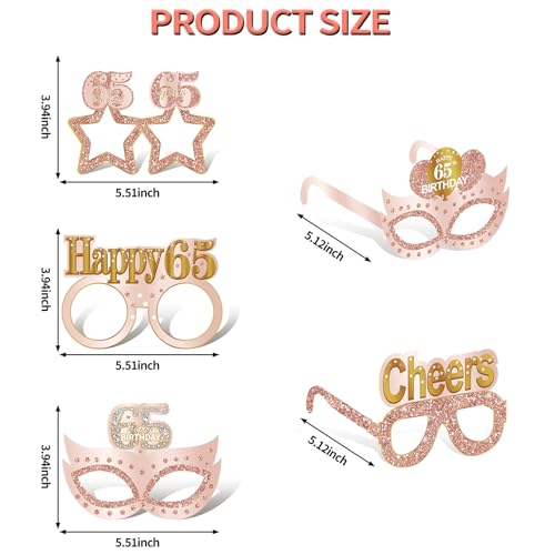 Guiruiy 24PCS 65th Birthday Eyeglasses Decorations for Women, Pink Rose Gold Happy 65th Birthday Paper Eyeglasses Party Supplies, Sixty-Five Year Old Bday Glasses Decor - style: Rose Gold 65th
