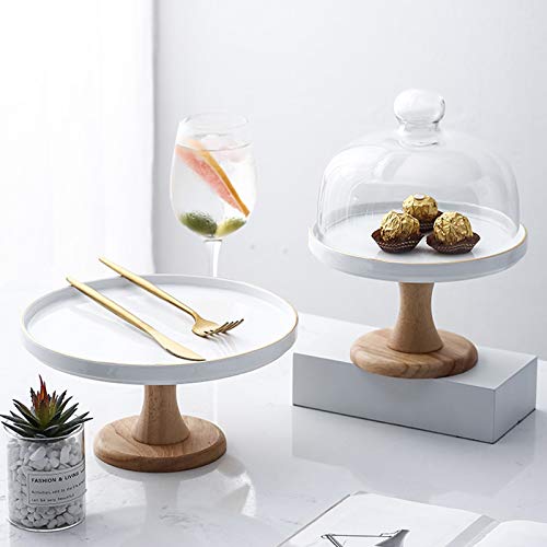 Food Covers,Splatter Covers,Wedding Cake Display Stands, Round Glass Dome Cover Cheese Dome Ceramic Trays with Wooden Base Bread Decoration Stands and Photo Props - size: 19.5cm
