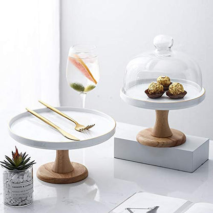 Food Covers,Splatter Covers,Wedding Cake Display Stands, Round Glass Dome Cover Cheese Dome Ceramic Trays with Wooden Base Bread Decoration Stands and Photo Props - size: 27.5cm