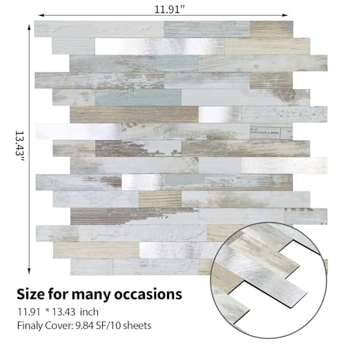 Yipscazo 10 Sheets Peel and Stick Stone Metal Tile Backsplash, Stick on Tiles for Backsplash Kitchen, Bathroom, Laundry Room, Camper, Fireplace (12'' X 12'', White Wood with Metal) - color: White Wood With Metal