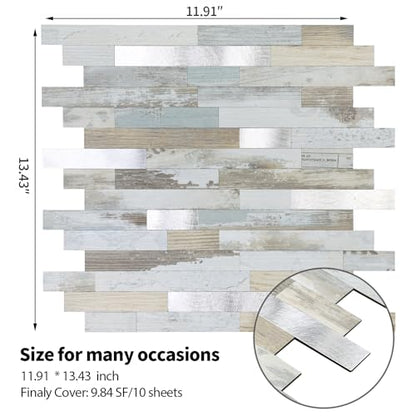Yipscazo 10 Sheets Peel and Stick Stone Metal Tile Backsplash, Stick on Tiles for Backsplash Kitchen, Bathroom, Laundry Room, Camper, Fireplace (12'' X 12'', White Wood with Metal) - color: White Wood With Metal