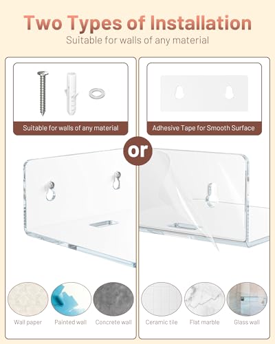 4 Pack Small Wall Shelf - 4" Floating Shelves for Wall Display Ledges for Funko Pop Figures, Plants, Speakers, Durable Plastic Adhesive or Screw Shelves in Bedroom Kitchen Living Room, Clear