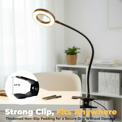 LALISU Clip on Lamp, 5X Magnifying Glass with Light LED Desk Lamp with Clamp Bright Clip Light for Bed Bedside Table, Adjustable Reading Light for Bed, Desk Lights (Black with Magnifying) - color: Black with magnifying