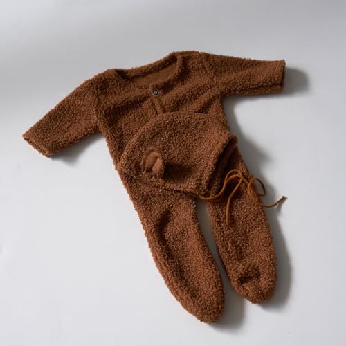 Zeroest Newborn Photography Props Boy Outfits Bear Baby Girl Photo Props Outfits Hat Footed Romper Sleeved Set for Photoshoot - color: Camel