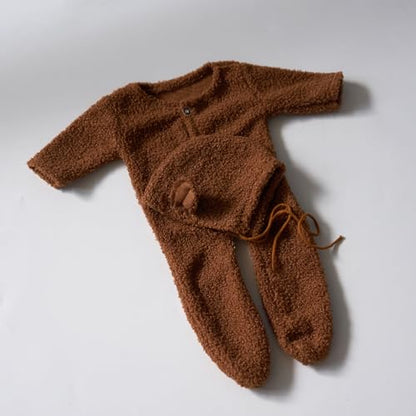 Zeroest Newborn Photography Props Boy Outfits Bear Baby Girl Photo Props Outfits Hat Footed Romper Sleeved Set for Photoshoot - color: Camel