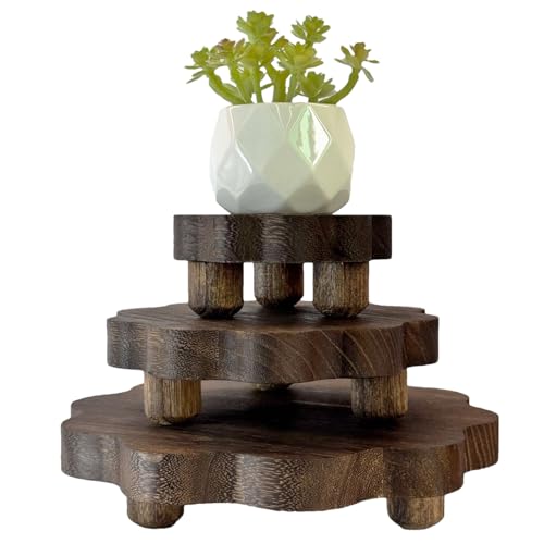 3 Pack Small Scalloped Wood Risers for Display ,Mini Wooden Stands with Removable Feet Farmhouse Rustic Decor for Table Tiered Trays Home Kitchen Decoration (Dark Brown, 7.87/5.9/4 Inch) - color: Dark Brown, size: 7.87/5.9/4 inch