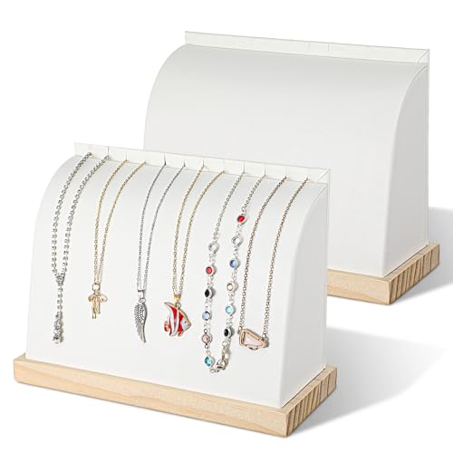 2 PCS Cambered Wooden Necklace Display Stand with PU Leather Soft Mat Jewelry Display Holder for Vendors Home Boutique Countertop Pendant Chain Chokers Organizer (White)