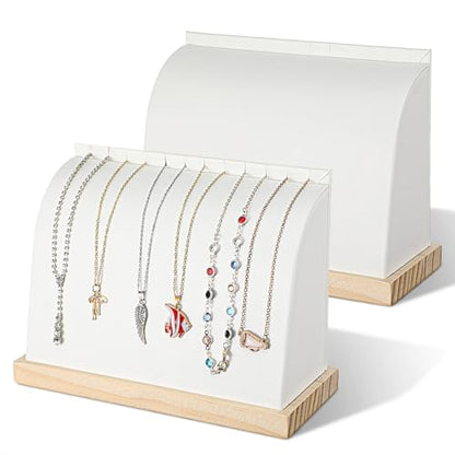 2 PCS Cambered Wooden Necklace Display Stand with PU Leather Soft Mat Jewelry Display Holder for Vendors Home Boutique Countertop Pendant Chain Chokers Organizer (White)